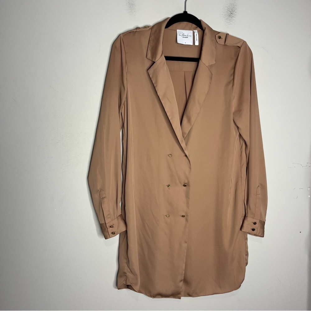 L’Academie Cadet Blazer Buttoned Long Sleeve Mini Dress in Brown Satin, size S - Picture 3 of 15